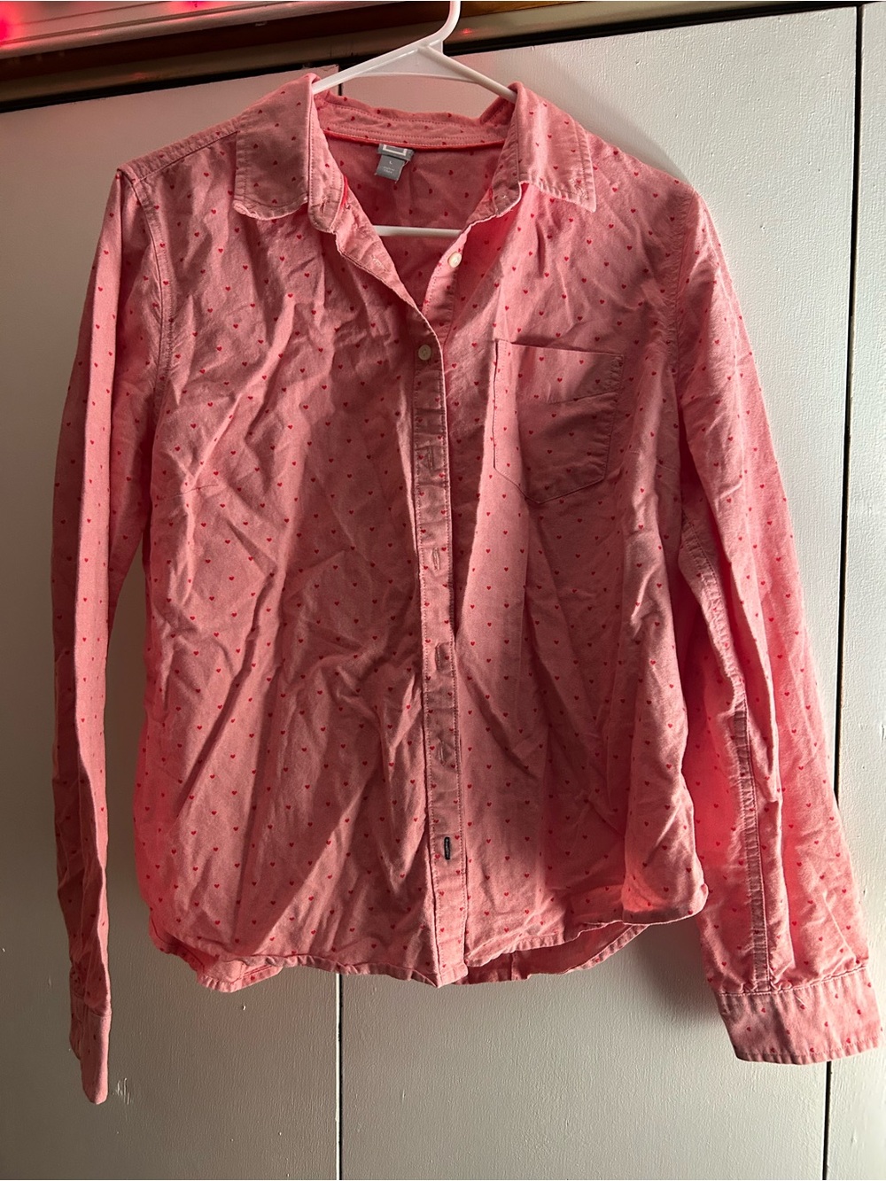 Woman’s button down shirt pink with tiny red hearts